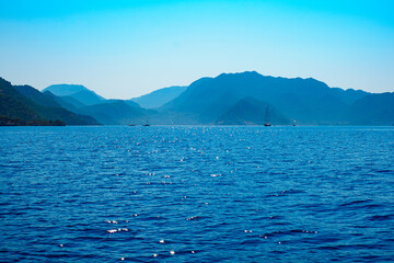 
blue mountains skyline with sea