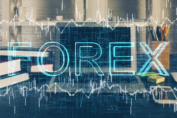 Multi exposure of chart and financial info and work space with computer background. Concept of...