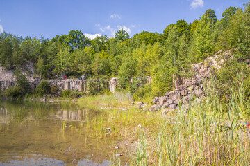 Fototapeta na wymiar A picturesque lake located in a former basalt quarry. Pure water and wonderful nature. Basalt Columns. Rivne oblast. Ukraine