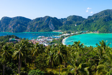 Phi Phi Island in Phuket, Thailand. Viewpoint overlooking the bays. 