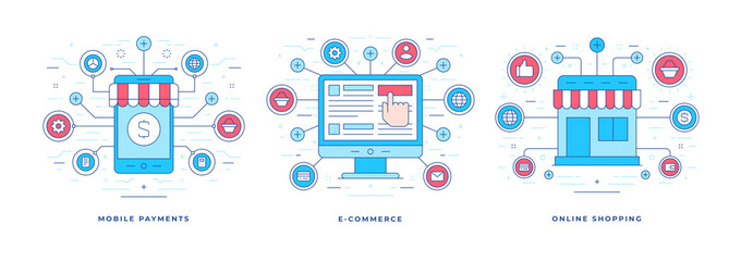 Set vector illustrations flat linear banners with graphic icons for convenient e commerce and online shopping services