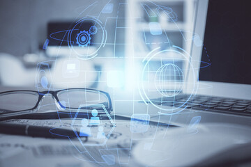 Social network theme drawing with glasses on the table background. Concept of people media connection. Double exposure.