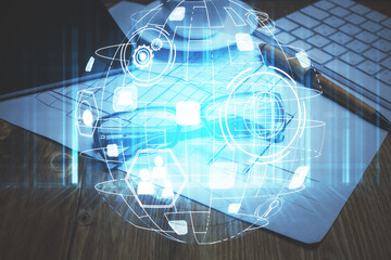 Social network theme drawing with glasses on the table background. Concept of people media connection. Double exposure.