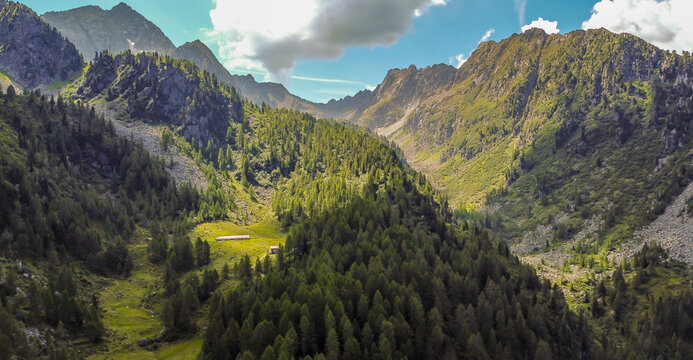 summer view  of Sole Valley in the heart of Stelvio National Park in Trentino Alto Adige, northern Italy, Europe. Italian alps