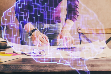 Haman brain double exposure icon with man hands background.