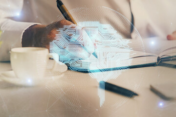 Fototapeta premium Brain multi exposure icon with man hands background.