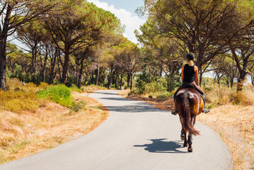 Une femme faisant du cheval sur une route. De l'équitation sur une route. Une femme et un cheval...