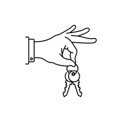 Obraz premium Hand holds keys, vector linear illustration.