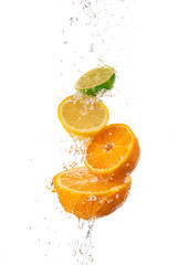 Slices of orange, lemon and kiwi standing on top of each other and running water on top. Citrus...