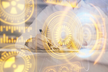Tech theme hologram over woman's hands taking notes background. Concept of hightech. Double exposure