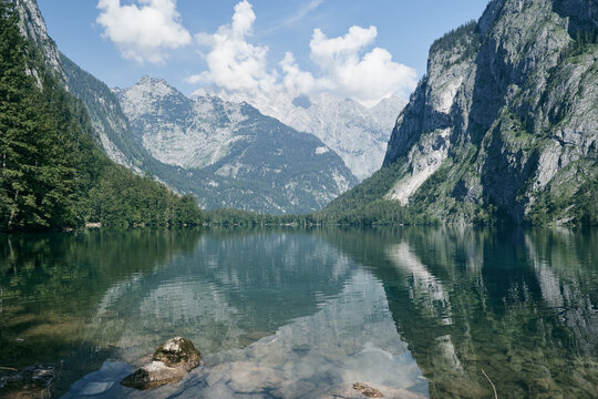 Mountain landscape and turquoise lake Obersee on beautiful summer day in Schoenau am Koenigssee, Bavaria, Germany