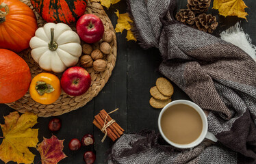
Autumn flat lay composition with various kinds of pumpkins, mug of coffee, warm scarf, walnuts, cinnamon sticks, chestnuts, cookies, leaves and cones.