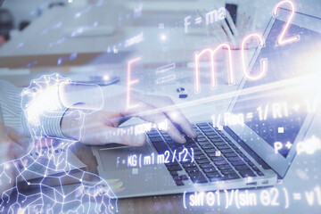 Science formula hologram with man working on computer on background. Education concept. Double...