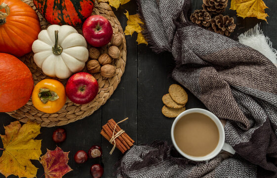  Autumn flat lay composition with various kinds of pumpkins, mug of coffee, warm scarf, walnuts, cinnamon sticks, chestnuts, cookies, leaves and cones. © Longfin Media