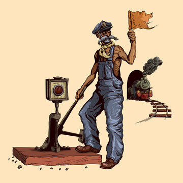 An old switchman switches the railway switch, in the background of an approaching train.