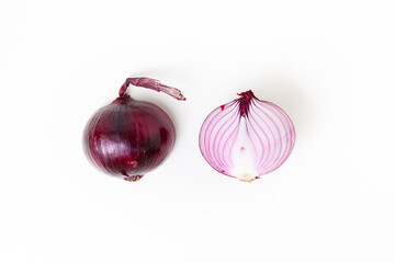 A group of red onion cut in half isoled on white background. Flat lay, overhead shot