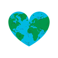 Earth physical map in a shape of a heart. Vector concept illustration of a blue and green earth planet in a heart shape. Represents concept of nature, travel, environmental conservation and love