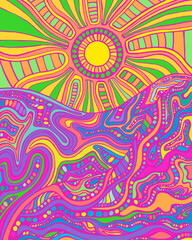 Colorful summer landscape with sun and mountains.