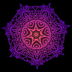 Bright decorative mandala, neon pink purple gradient color outline, isolated on black background.
