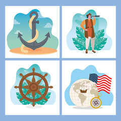 Christopher Columbus cartoon anchor rudder and world design of happy columbus day america and discovery theme Vector illustration
