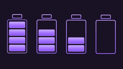 Set of neon battery charge level indicators. Vector illustration.