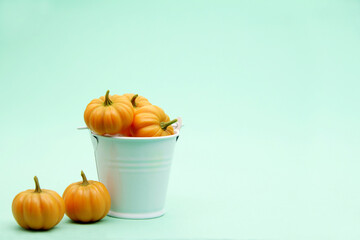 A composition of tiny pumpkins in a steel white bucket on a soft green background. The concept of...