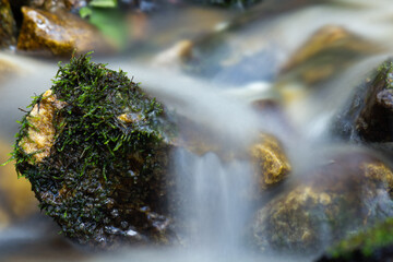 Mountain creek with water flowing (long exposure) and stone covered in moss