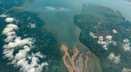 aerial view of the river meeting the sea
