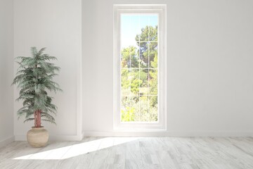 White stylish empty room with summer landscape in window. Scandinavian interior design. 3D illustration