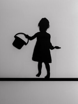 Silhouette Of A Girl Playing On The Beach With Bucket And Spade.