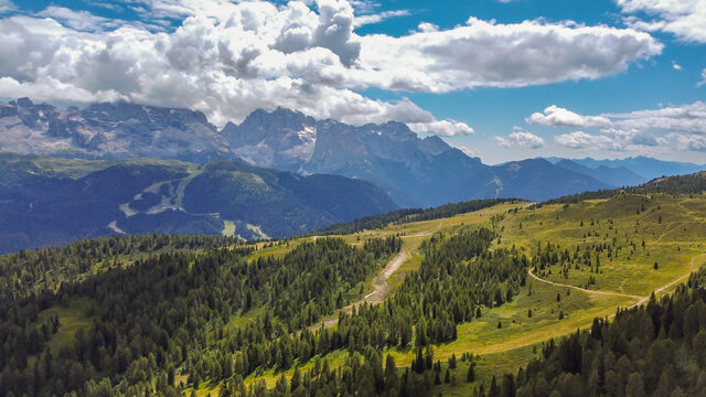 panoramic view of Sun Valley(  Sole Valley) from Malghette lake in summer, Trentino Alto Adige, northern Italy, Europe.