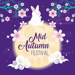 rabbit on moon with flowers design, Happy mid autumn harvest festival oriental chinese and celebration theme Vector illustration