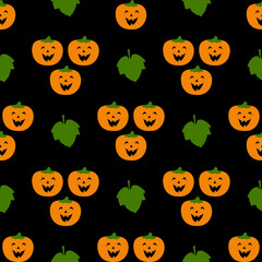 Happy pumpkins with leaves on a black background. Seamless pattern for Halloween. Cute vector illustrations for holiday decorations, festive cards, banners, wrappings, prints, fabrics, textiles, etc.