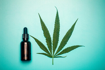 Cannabis oil (cannabidiol).  Medical cannabis (marijuana) and extract on blue background.
