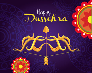 gold bow with arrow and mandalas on blue background design, Happy dussehra festival and indian theme Vector illustration