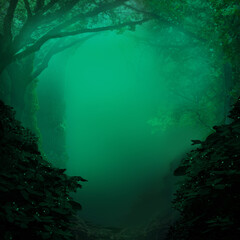 Blue mist in mysterious woods. Turquoise twilight forest with shaped branches and leaves silhouettes
