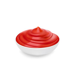 Tomato sauce in white saucer on white background, tomato sauce, tasty food, vector illustration.