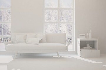 White stylish minimalist room in grey color with sofa and winter landscape in window. Scandinavian interior design. 3D illustration