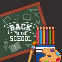 green board with colored pencils paint brush and palette of back to school vector design