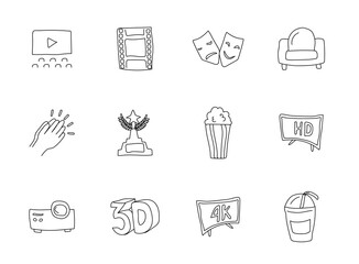 cinema and theater hand drawn linear vector icons isolated on white background. cinema and theater doodle icon set for web and ui design, mobile apps and print products