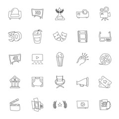 cinema and theater hand drawn linear doodles isolated on white background. cinema and theater icon set for web and ui design, mobile apps and print products