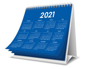 Desktop calendar 2021 illustration in blue color - obrazy, fototapety, plakaty