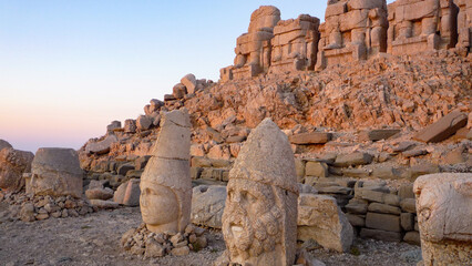 stone carved statues at nemrut archaeology site in turkey