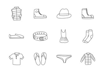 clothes hand drawn linear vector icons isolated on white background. clothes doodle icon set for web and ui design, mobile apps and print products