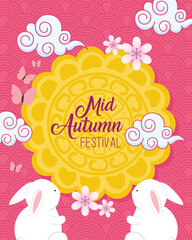 mooncake and rabbits with clouds design, Happy mid autumn harvest festival oriental chinese and celebration theme Vector illustration
