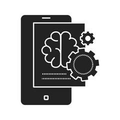 Brainstorming creative idea black glyph icon. Creative idea sign. Brain and gears in smartphone. Pictogram for web page, mobile app, promo. UI UX GUI design element.