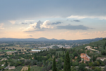 Fototapeta na wymiar panoramic view of the valley near Assisi italy with contrast clouds