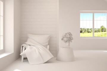 Stylish room in white color with armchair and green landscape in window. Scandinavian interior design. 3D illustration