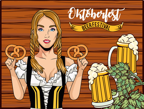 Oktoberfest Woman Cartoon With Traditional Cloth Pretzels And Beer Glasses Vector Design