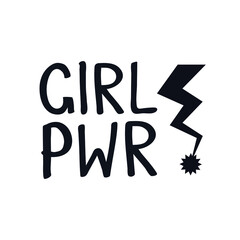 Girl power inscription handwritten GRL PWR hand lettering Lightning feminist logo icon sign symbol emblem element Fight for rights Fashion print clothes apparel greeting invitation card banner poster
